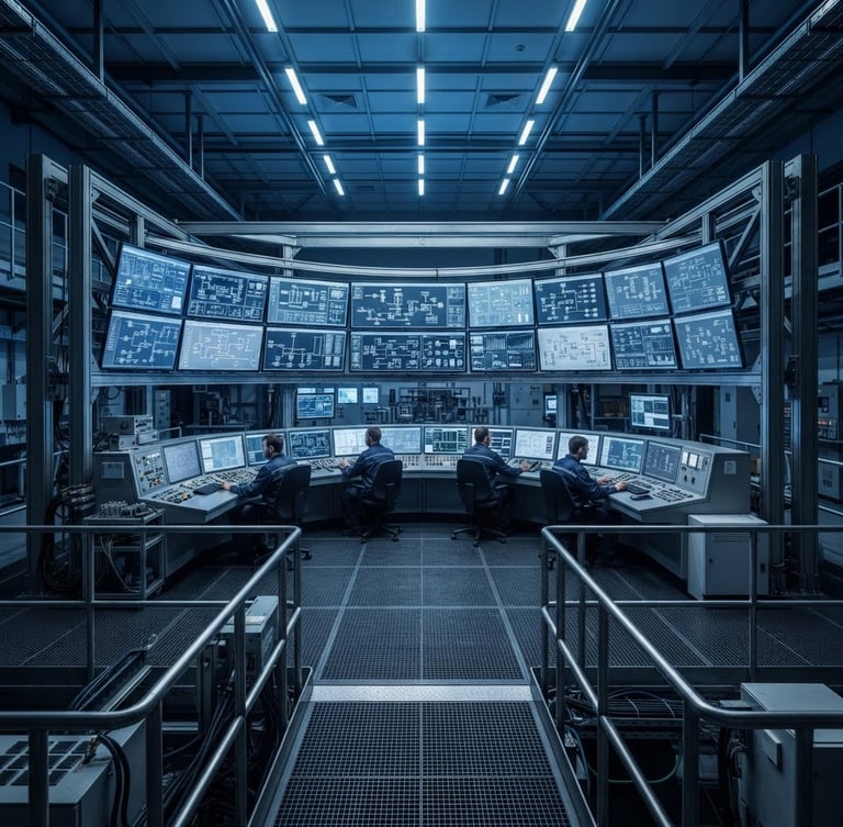 Wide geometric view of an industrial control center, cool blue overhead lighting, desaturated steel monitors displaying real-time systems architecture.