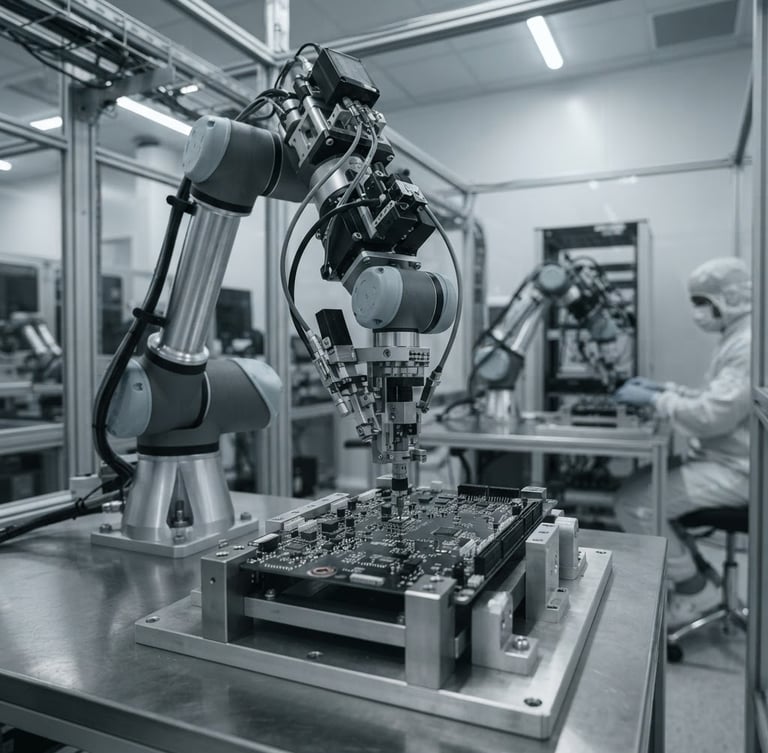 Sharp industrial photography of a high-tech robotic assembly arm working on a circuit board in a clean-room facility, cool daylight, desaturated steel tones
