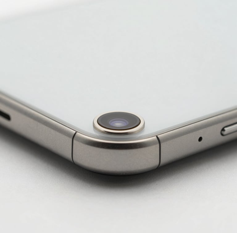Pristine smartphone hardware close-up showing a titanium chassis edge and camera lenses, bright high-key studio lighting, neutral minimalist background, sharp macro lens