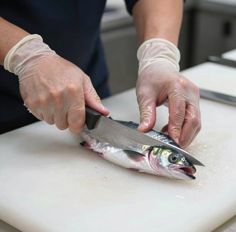 Close up of a professional fishmonger hands wearing clean protective gear, expertly slicing a fresh fish with a sharp steel knife on a spotless white counter.