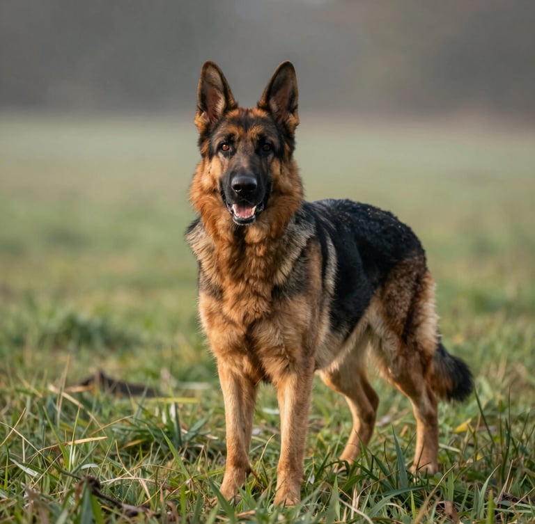 Dynamic low-angle shot of a purebred German Shepherd standing alert on green grass, crisp morning daylight, rich earthy tones, 35mm lens