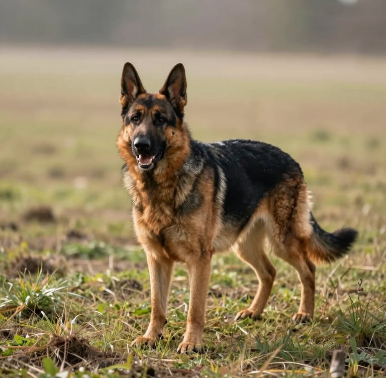 A powerful German Shepherd standing alert in a wide grassy training field, crisp morning daylight, rich earthy tones, sharp focus, 35mm lens.