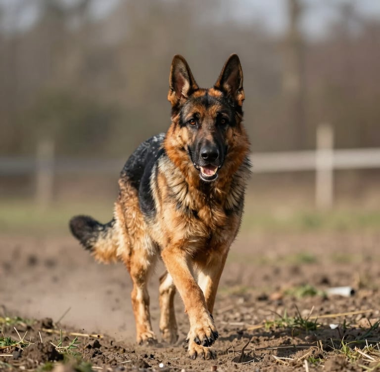 Low-angle portrait of a German Shepherd running through an outdoor obstacle course, natural morning daylight, sharp focus, rich earthy tones, 35mm lens.