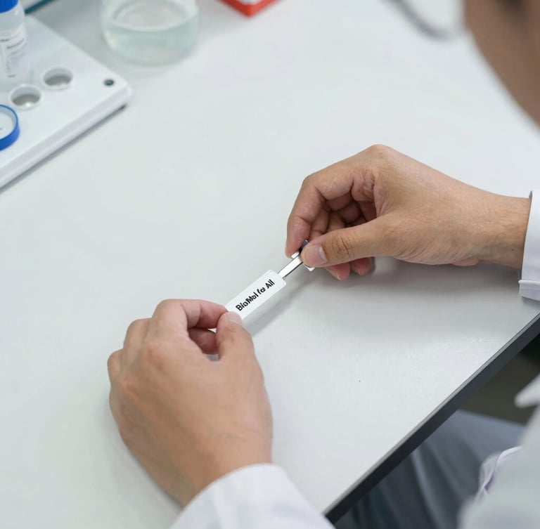 Portrait shot of a researcher's hands carefully assembling components of the BioMol for All kit on a clean workbench, soft studio lighting, crisp details, 35mm lens.
