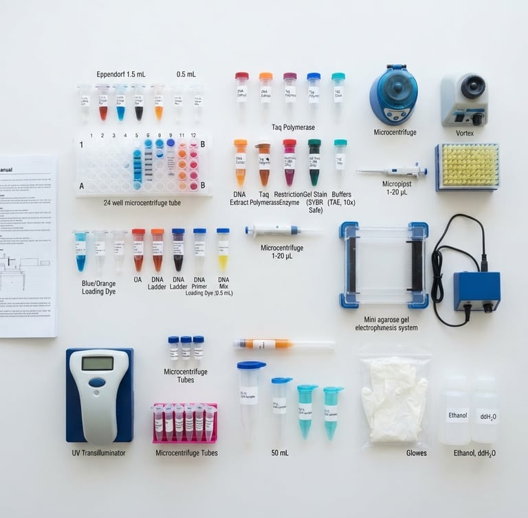 Top-down flat lay of BioMol for All kit components neatly arranged on a clean white surface, bright studio lighting, crisp details, 35mm lens.