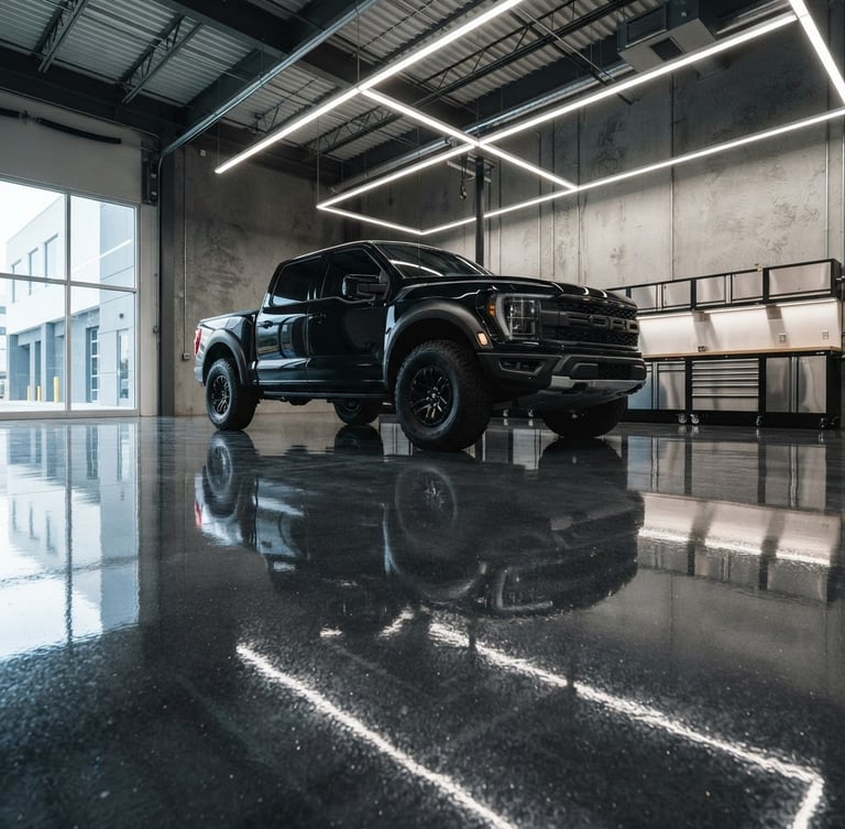 Wide-angle, low-shot of a modern garage with a dark, high-gloss polyaspartic floor, a sleek black truck parked on it, bright overhead lighting reflecting off the surface, left-side bleed.