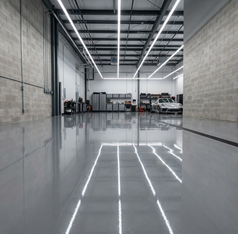 Wide-angle, low-shot of a flawless, high-gloss gray epoxy garage floor reflecting bright overhead lights, sharp clean edges, industrial setting, clean concrete walls, high contrast.