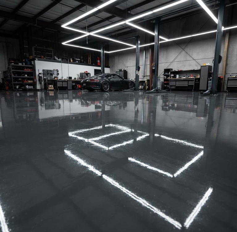 Close-up of a flawless, high-gloss solid charcoal epoxy floor reflecting bright overhead garage lights, wide-angle, high-contrast industrial tones, clean reflective surfaces. No text.