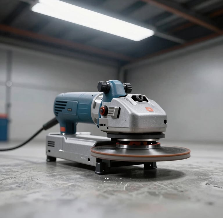 Close-up of a heavy-duty planetary diamond grinder operating on a concrete garage floor, bright overhead lighting, high-contrast industrial tones, sharp focus on the grinding discs.