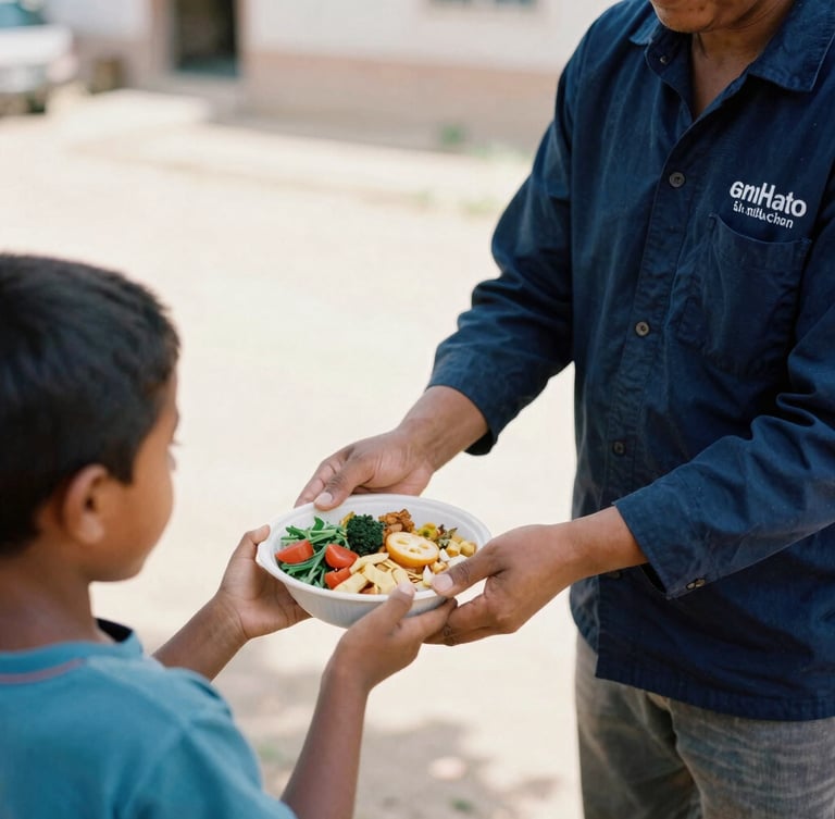 A warm editorial 35mm photo of an NGO worker in a deep navy shirt gently handing a fresh, nutritious meal to a child in a sunny outdoor setting, natural light, authentic interaction.