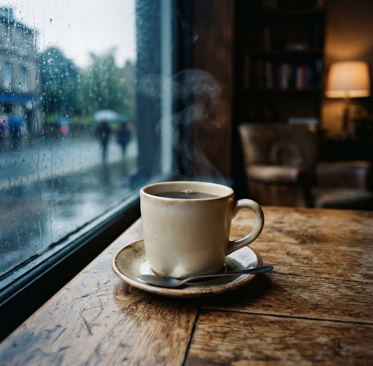 Steaming cup of coffee on a rustic wooden table by a rain-streaked window, soft interior lamp light, moody film photography, 35mm lens