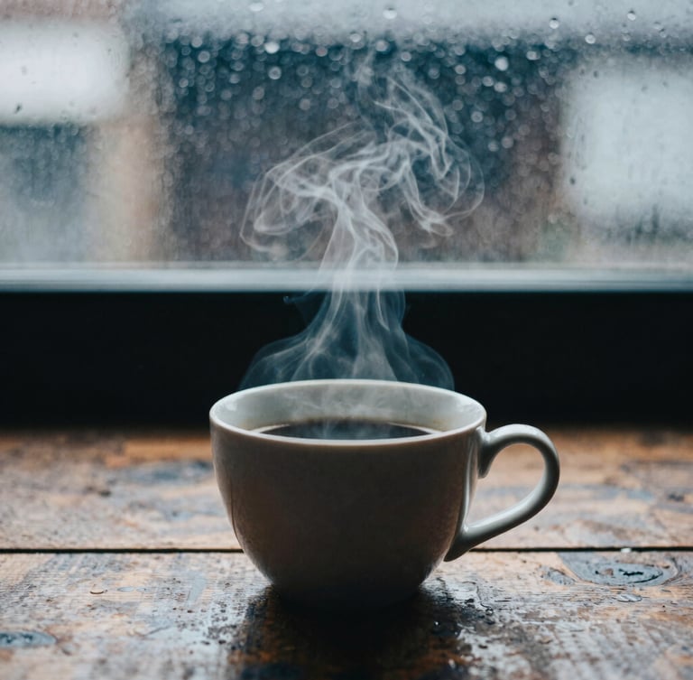 Intimate close-up of steam rising from a ceramic cup of coffee on a dark rustic wooden table, rain-streaked window in the soft-focus background, moody film style.