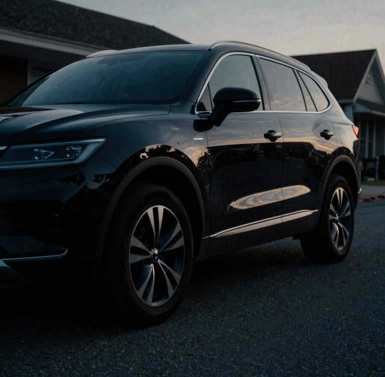 A low-angle, cinematic shot of a sleek, unmarked black SUV, partially obscured by shadow, parked on a quiet Alexandria street at dusk, cool desaturated tones, dramatic directional light, sharp focus, 35mm film grain, cinematic shadows.