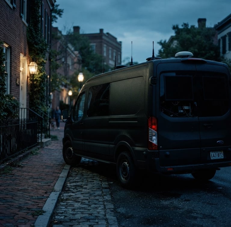 Low-key editorial photography of a specialized unmarked surveillance vehicle parked on a quiet Alexandria street at dusk, cool desaturated tones, cinematic shadows.