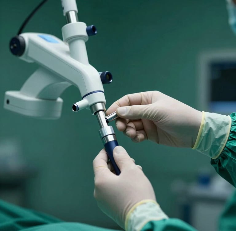 Close-up of hands in sterile surgical gloves adjusting high-tech laparoscopic equipment, cool crisp clinical light with deep petrol green tones
