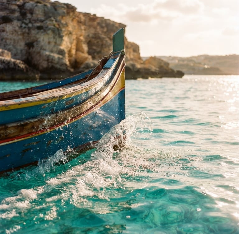 A close-up of a wooden boat bow cutting through crystal-clear turquoise Mediterranean water, bright golden-hour sunlight reflecting on the ripples, limestone cliffs of Comino soft in the background, 35mm photography