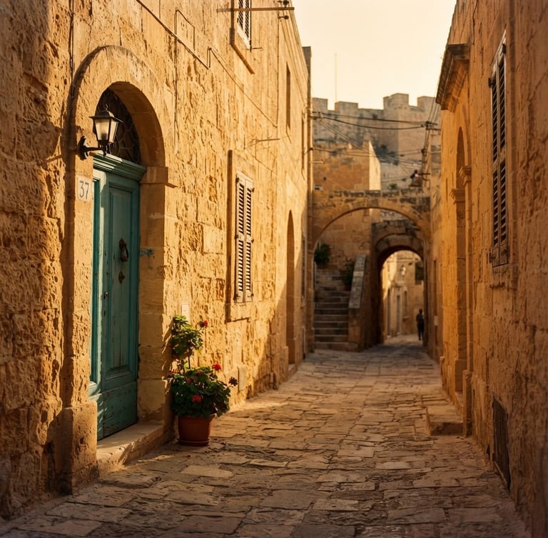 A narrow sun-drenched limestone street in Rabat Gozo, warm golden hour light casting long shadows on ancient stone walls, a single green wooden door, 35mm warm editorial photography.