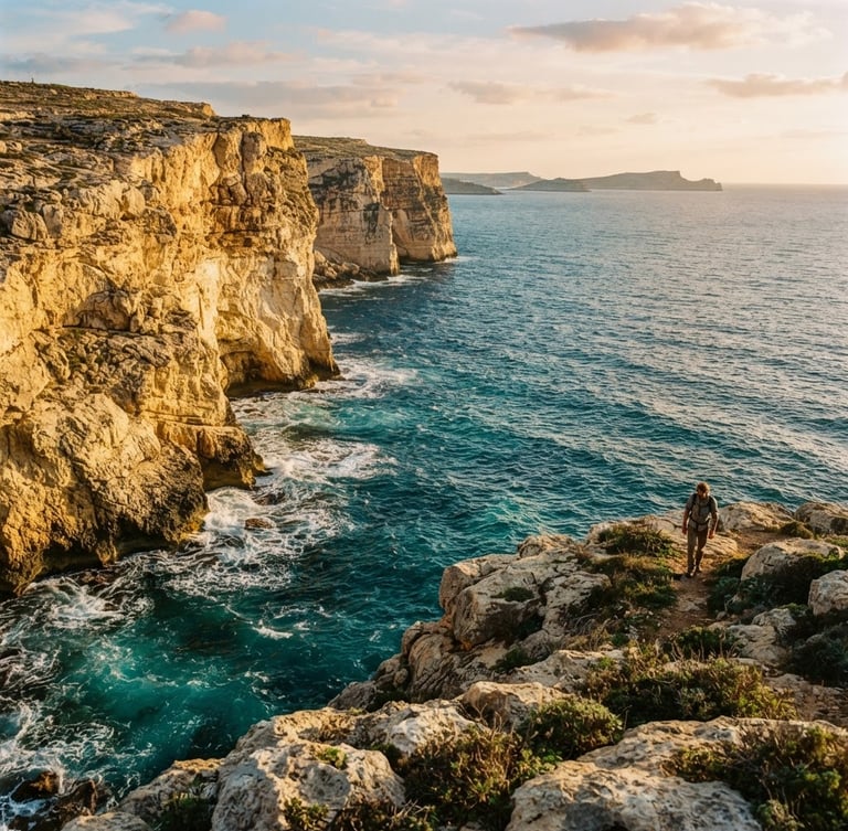 A dramatic perspective of the rugged Gozo coastline, golden limestone cliffs meeting deep turquoise Mediterranean waters under a warm sun, 35mm editorial photography style