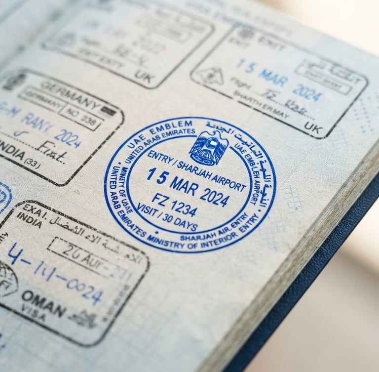 Close-up of a crisp blue UAE entry stamp on a clean passport page, bright natural daylight, sharp focus, high-end editorial travel style
