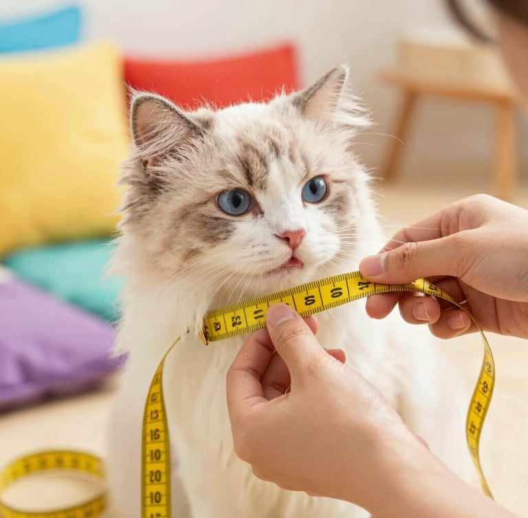 Close-up of hands carefully measuring a fluffy cat with a yellow tape measure, soft warm indoor lighting, colorful fabrics in the background.