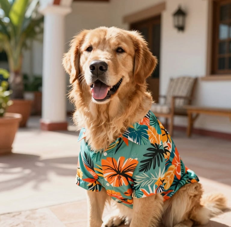 Bright lifestyle photo of a happy golden retriever wearing a colorful tropical shirt, sitting comfortably in a sunlit Mexican patio, warm natural daylight, eye-level shot