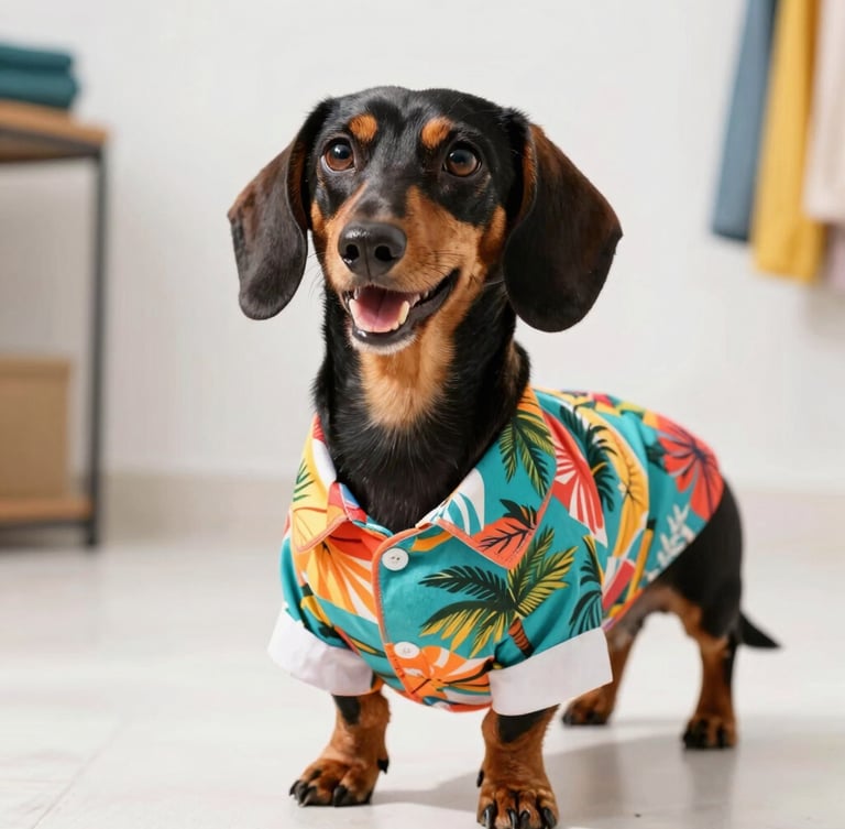 Eye-level shot of a happy, unique-sized dachshund wearing a perfectly fitted colorful handmade tropical shirt, bright natural daylight, Celaya workshop background.