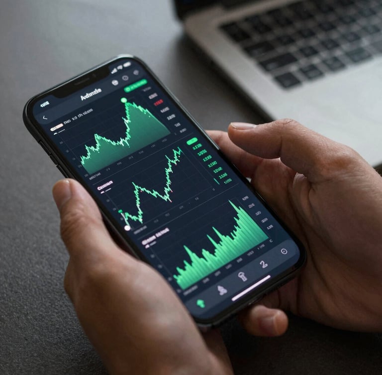 High-angle shot of hands interacting with a sleek Android phone displaying a dense financial dashboard with fluid green charts, dark background.