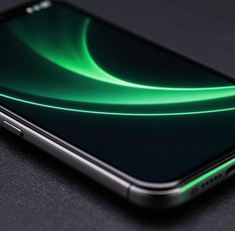 Extreme close-up of a flagship Android screen displaying a high-framerate fluid UI transition, dramatic neon green edge-lighting reflecting off the glass in a dark studio environment.