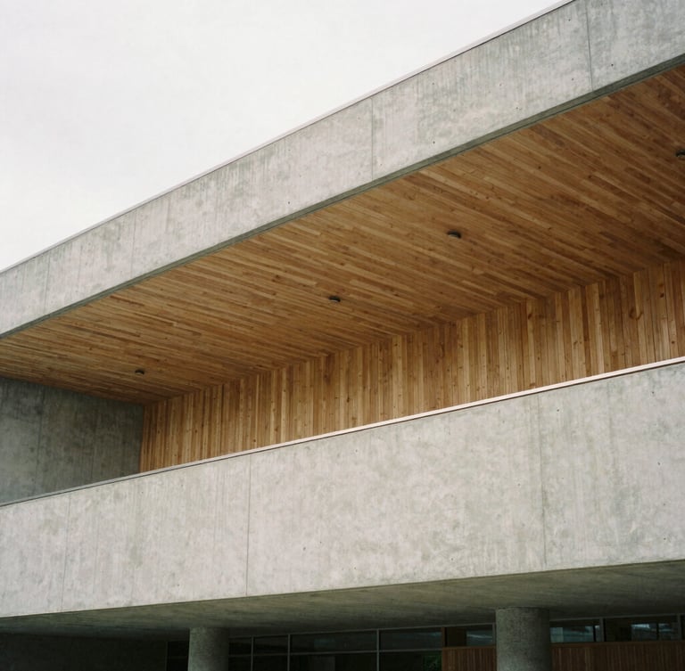 Architectural detail of a modern concrete and timber community hall, soft natural overcast daylight, clean lines, 35mm film grain