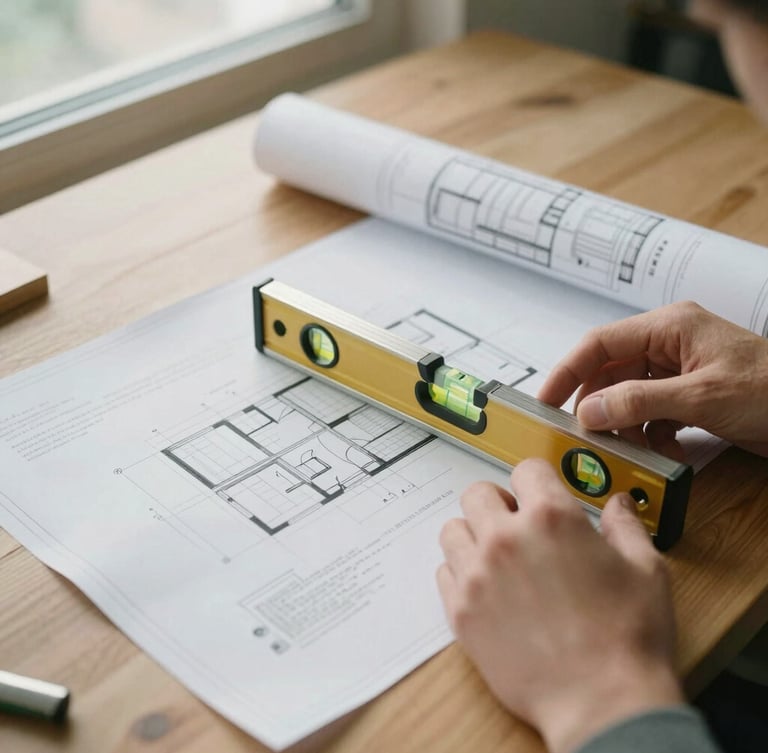 Close-up overhead view of architectural blueprints and structural planning documents on a warm oak table, soft diffused window light, hands holding a spirit level