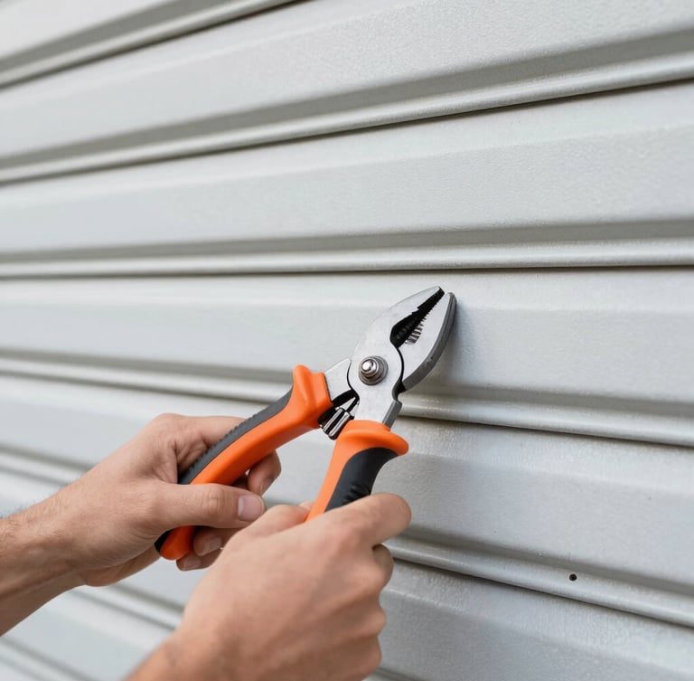 Close-up of hands repairing metal roller shutters, crisp professional photography, bright natural daylight, clean industrial orange accents, sharp focus on tools, 35mm