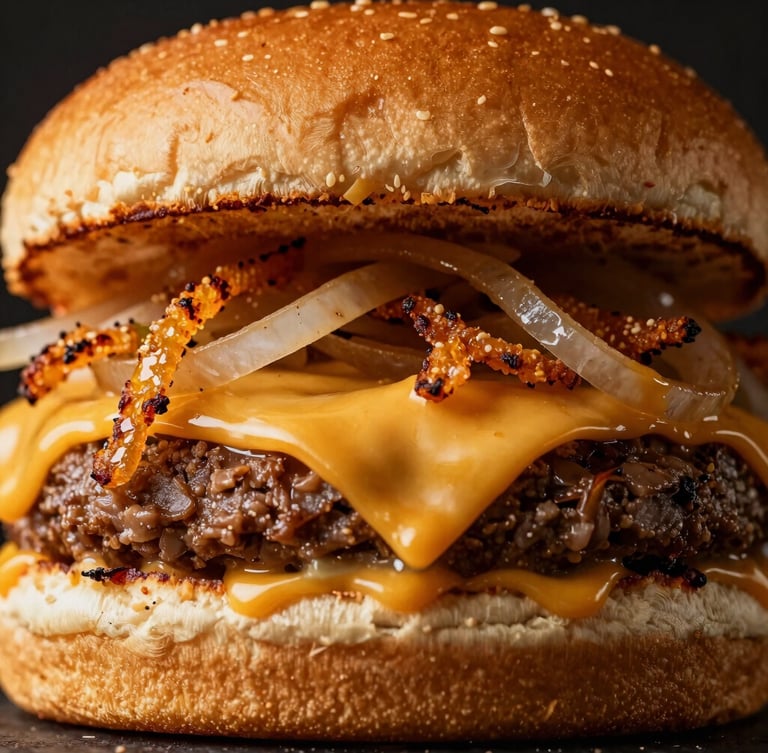 Extreme close-up of a towering coastal burger with melting cheese, crispy onions, and golden sauces, dramatic warm side-lighting on a dark background, 50mm macro lens