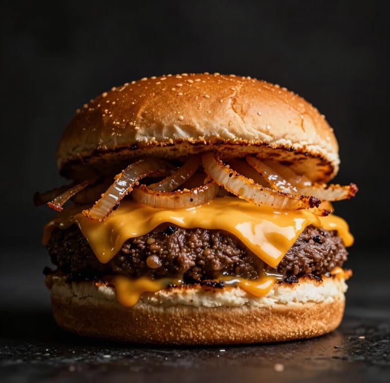 Dramatic close-up of a towering coastal burger with melting double cheese and crispy onions, high-contrast warm studio lighting, deep charcoal background, macro lens, 50mm