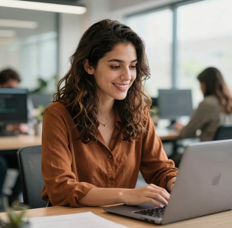 Focused portrait of Maria, a young woman, confidently coding on a laptop in a modern, well-lit office environment, natural daylight, shallow depth of field, optimistic and rich tones, genuine engagement.