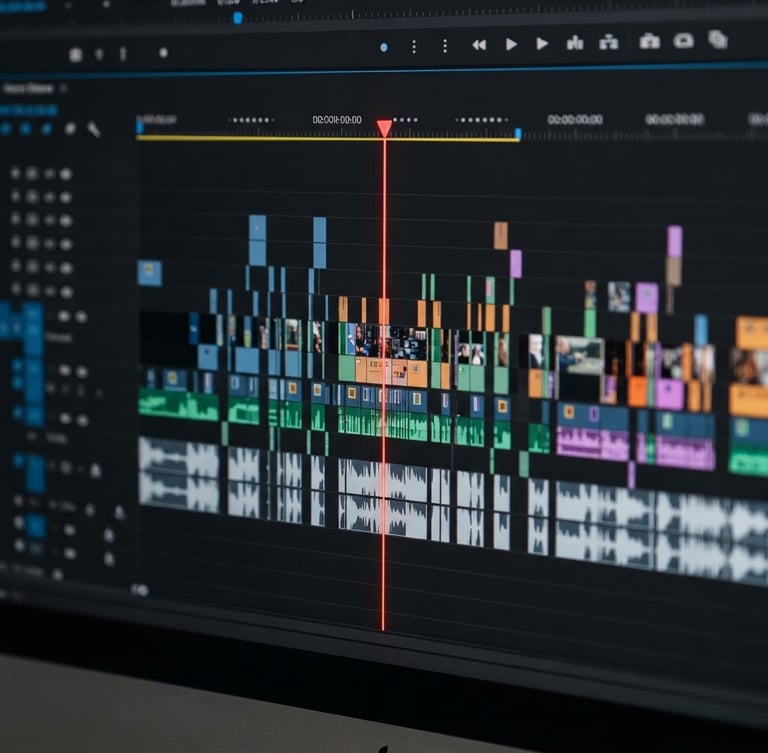Macro shot of a modern video editing interface, high-contrast timeline with bright red playhead, sharp studio lighting, 35mm