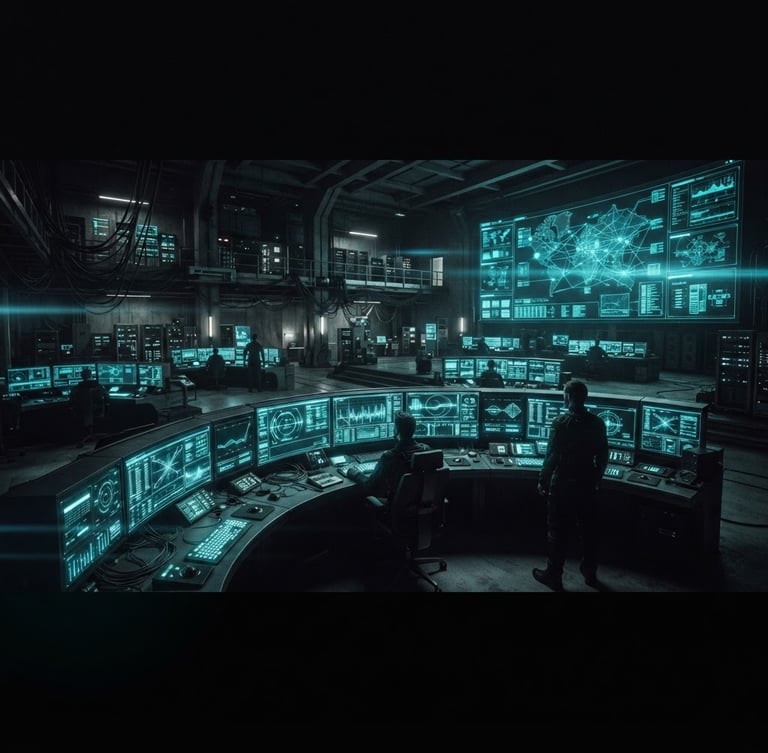 Wide panoramic desaturated control room with multiple glowing terminal screens, sharp neon cyan vector lines, high-contrast low-key lighting, 35mm cinematic