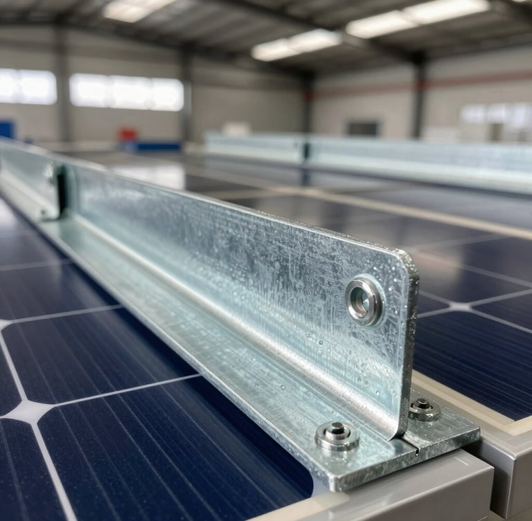 Close-up macro shot of heavy duty industrial solar mounting brackets, galvanized steel texture, bright warehouse lighting, technical detail