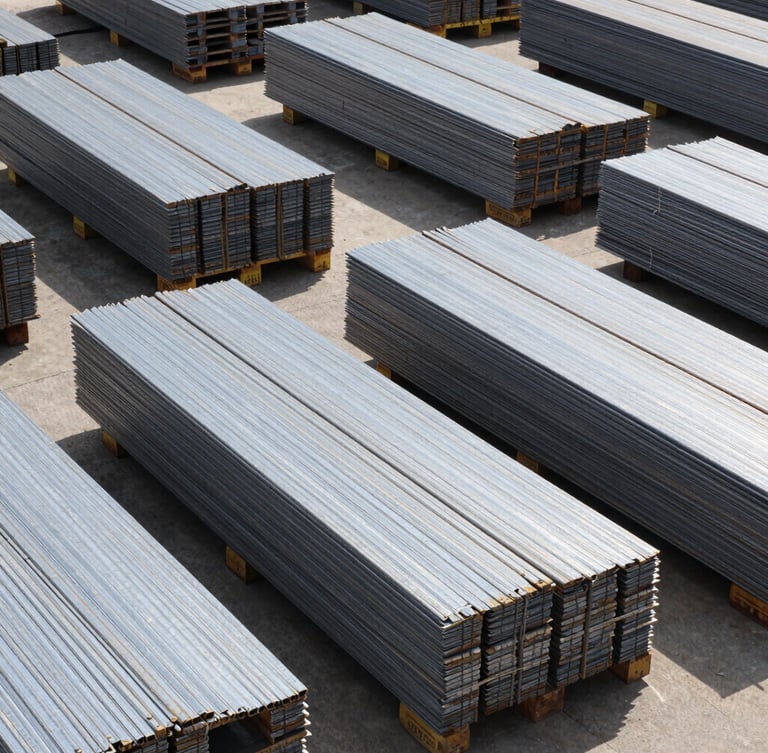 Industrial B2B photography, bright natural daylight, high-contrast realistic colors, wide-angle shot of organized steel material pallets ready for cargo loading, 35mm