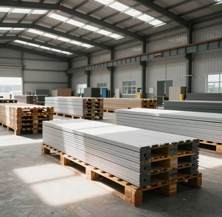 Wide-angle industrial warehouse interior with organized pallets of structural materials, crisp daylight streaming through overhead skylights, 35mm
