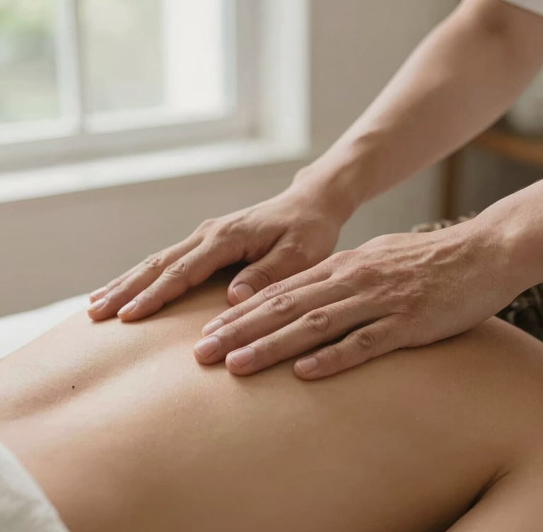 Close-up of therapeutic hands performing a gentle massage on a shoulder, warm sand and sage tones, soft natural window light, tranquil atmosphere