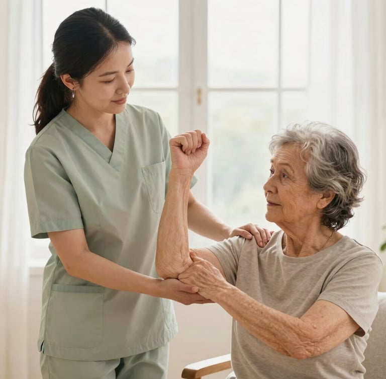 Warm editorial portrait of a certified female caregiver in a soft sage uniform gently guiding an elderly woman's arm in a slow, supportive stretching exercise, bright natural morning window light, shallow depth of field, 35mm.