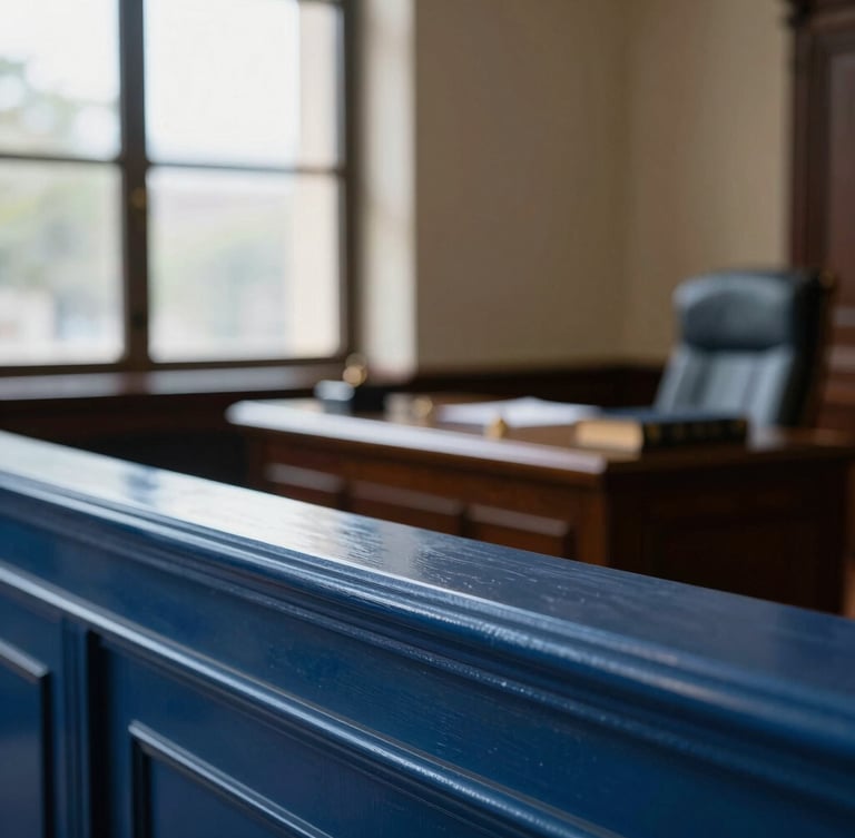 Architectural close-up of a prestigious Mexican courtroom interior, dramatic side-lit window daylight casting sharp highlights, deep steel blue tones, leather-bound books on a dark wood table in the background, shallow depth of field