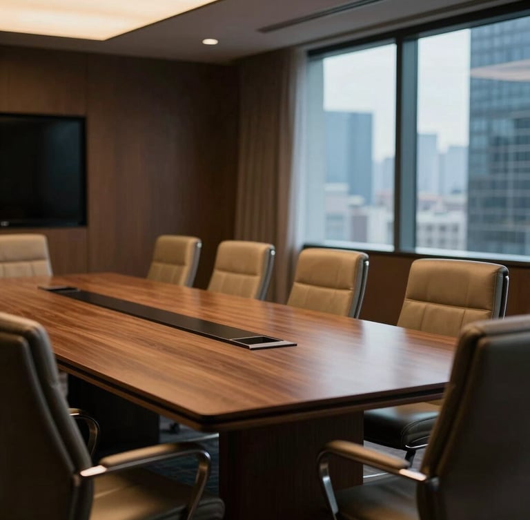 Interior of a high-end corporate boardroom in Mexico City, dramatic low-key lighting, warm interior lamps, empty leather chairs.
