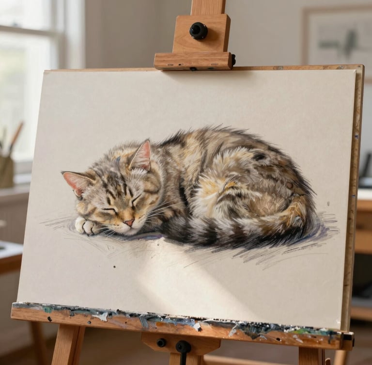 A completed soft pastel portrait of a sleeping cat on textured paper, resting on a wooden artist easel in a bright Oregon studio, bathed in warm, diffused afternoon sun.