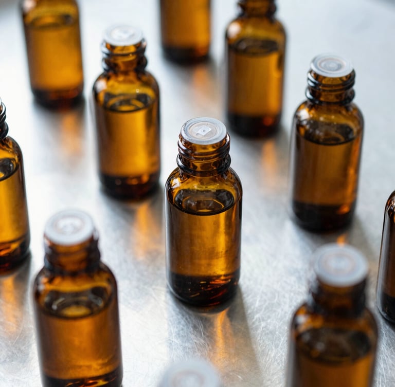 Precise minimalist overhead shot of sealed amber glass bottles on a sterile stainless steel laboratory counter, soft diffused daylight, sharp macro detail
