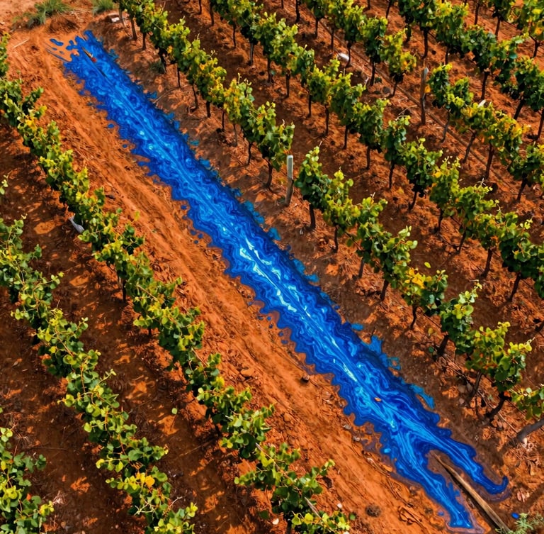 Top-down radiometric drone scan of a commercial vineyard, sharp high-contrast thermal patterns revealing a sub-surface moisture leak as a vivid blue anomaly against warm orange soil.