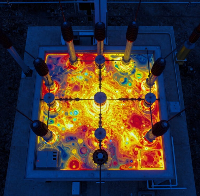 Precise top-down radiometric thermal scan of an industrial electrical substation, high-contrast ironbow color palette showing distinct yellow and red thermal anomalies against dark blue background, technical framing.