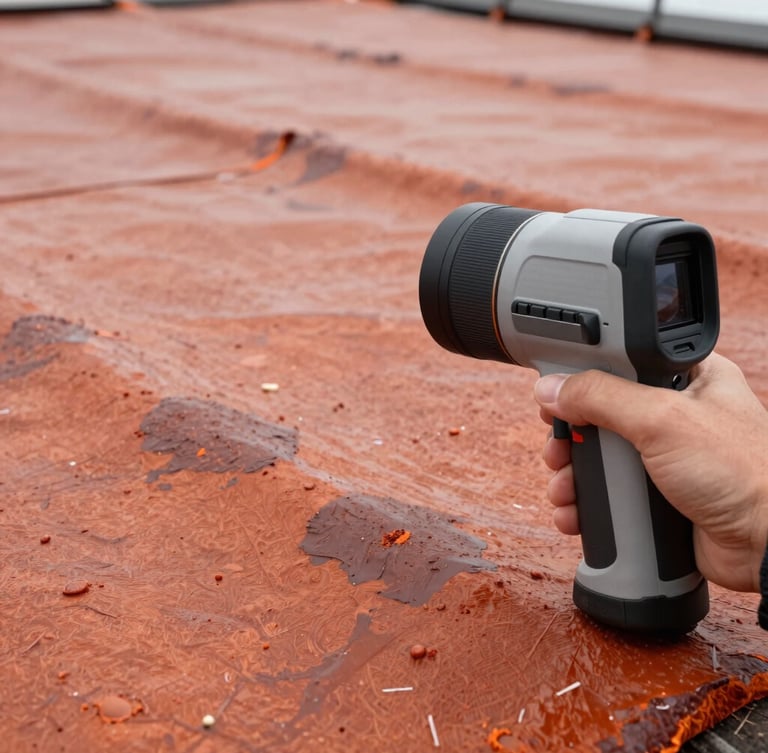 Handheld radiometric camera view showing sub-surface moisture pockets in a roof membrane, vibrant ironbow color palette.