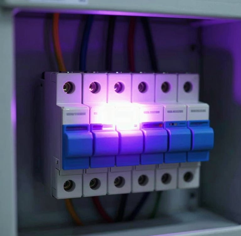 High-contrast radiometric thermal scan of an electrical distribution panel, showing a bright white-hot anomaly on a central circuit breaker, surrounded by cooler purple and blue components.