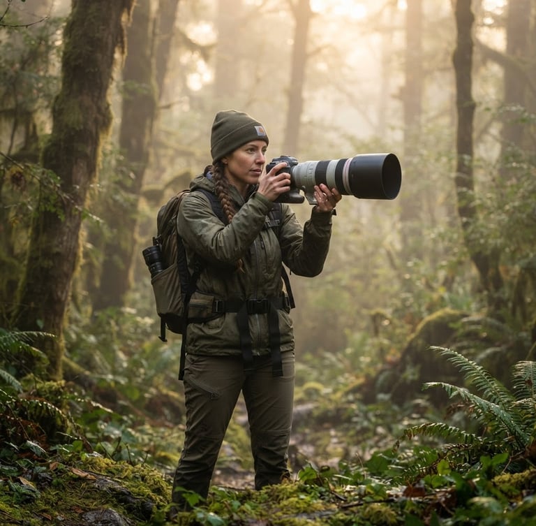 A professional wildlife photographer in earthy green gear, holding a telephoto lens, standing in a misty forest at dawn, soft background bokeh, natural lighting.